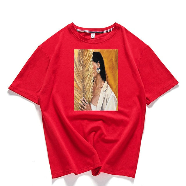 95% Cotton Bloom Flower Feather Women T -shirt Summer Short Sleeve Round Neck Harajuku Printing Tee Casual Fashion Female Tops