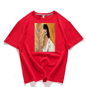 95% Cotton Bloom Flower Feather Women T -shirt Summer Short Sleeve Round Neck Harajuku Printing Tee Casual Fashion Female Tops