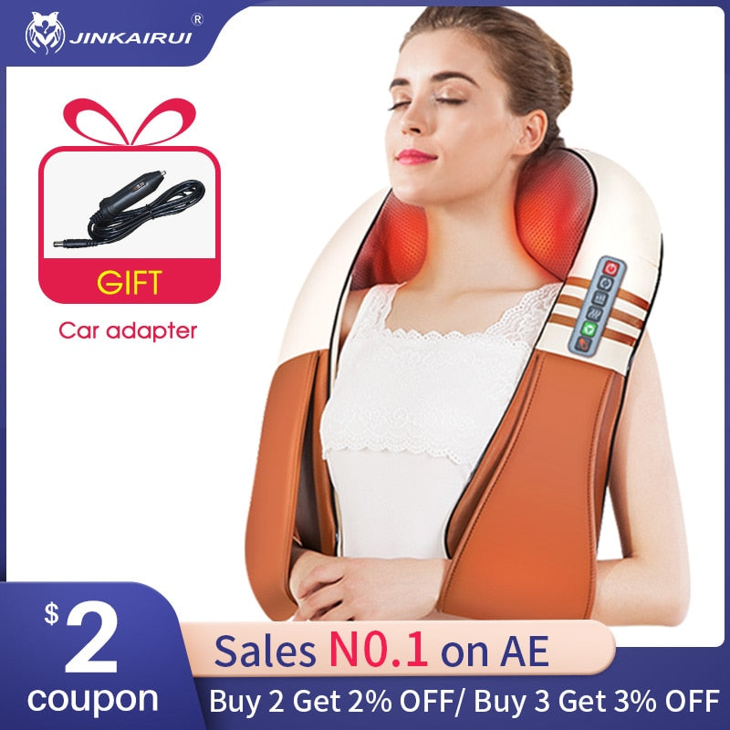 (with Gift Box)JinKaiRui U Shape Electrical Shiatsu Back Neck Shoulder Body Massager Infrared Heated Kneading Car/Home Massagem
