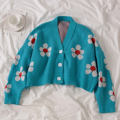 Neploe Preppy Style Flower Knit Cardigans Sweater Women V Neck Loose elegaht Thicked Pull Femme Print Short Casual Coat 46565