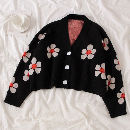 Neploe Preppy Style Flower Knit Cardigans Sweater Women V Neck Loose elegaht Thicked Pull Femme Print Short Casual Coat 46565
