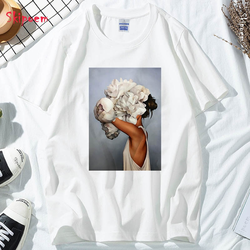 New Cotton Harajuku Aesthetics Tshirt Sexy Flowers Feather Print Short Sleeve Tops & Tees Fashion Casual Couple T Shirt